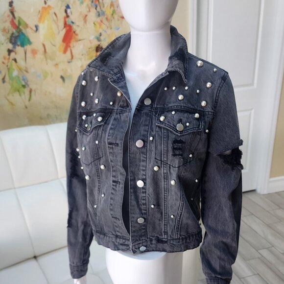 TINSEL Women’s Distressed Black Denim Jacket with Pearl Accents - Size S - Picture 2 of 12